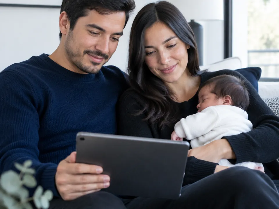 Pareja joven con su bebé revisando su plan de salud